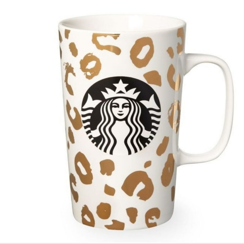 🔹️Starbucks 2015 White w/Metallic Gold Animal Print 16oz Ceramic Mug